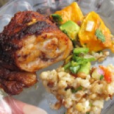 Adobo chicken, butternut squash and avocado, and a quinoa salad